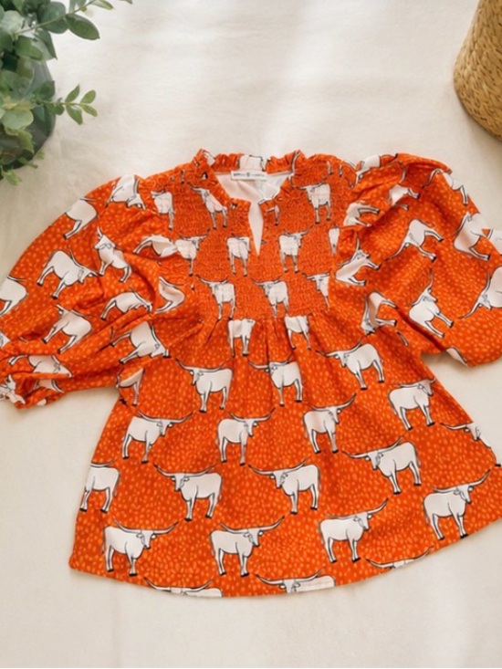 Michelle Mcdowell Tops - Orange Longhorn Print Women’s Blouse - Medium